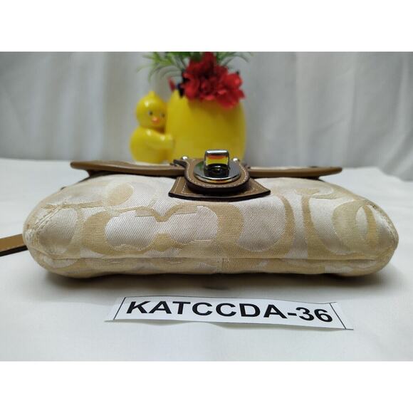 Coach Legacy Signature Beige Canvas Brown Leather Trim Flap Wristlet Coin Wallet - Picture 7 of 12